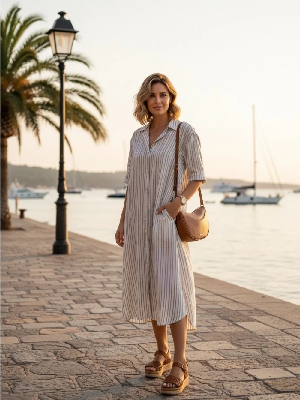 Universal Thread Striped Shirt Midi Dress in Cream and Tan - Picture 1 of 9